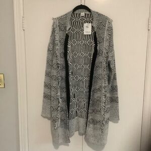 Women's Long Line Open Cardigan Black and White Sweater